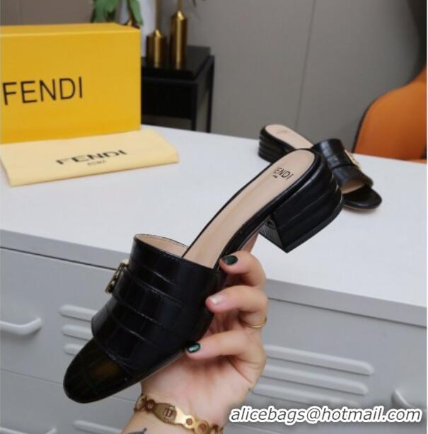 Super Quality Fendi Stone Embossed Leather Slide Sandals 4cm 022171 Black