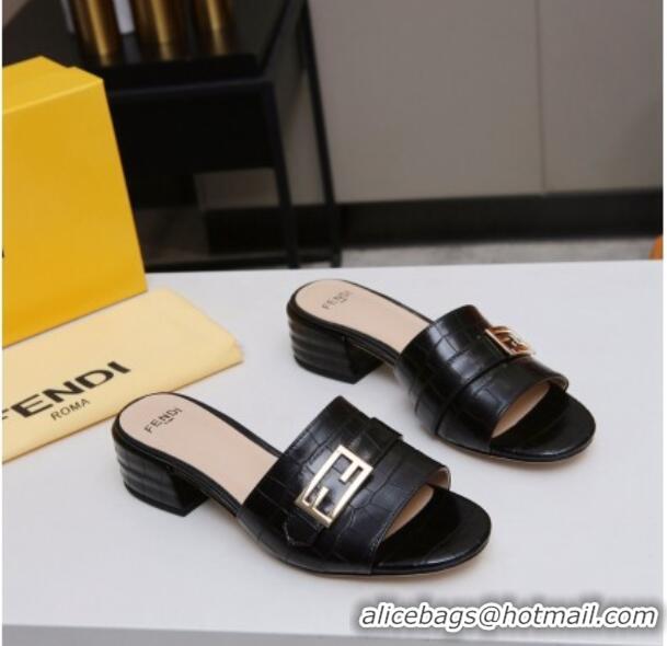 Super Quality Fendi Stone Embossed Leather Slide Sandals 4cm 022171 Black