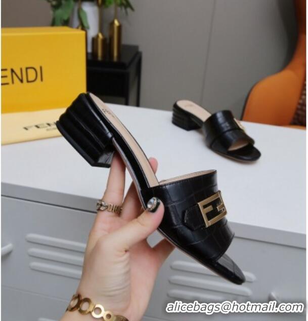 Super Quality Fendi Stone Embossed Leather Slide Sandals 4cm 022171 Black