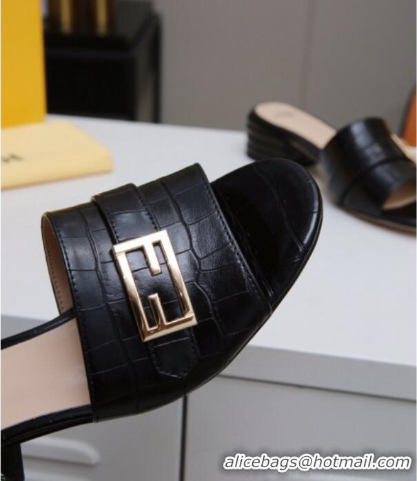 Super Quality Fendi Stone Embossed Leather Slide Sandals 4cm 022171 Black