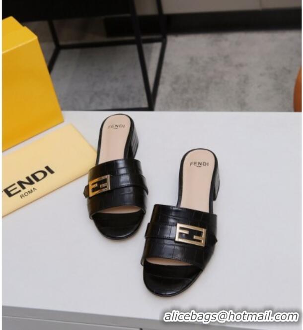 Super Quality Fendi Stone Embossed Leather Slide Sandals 4cm 022171 Black