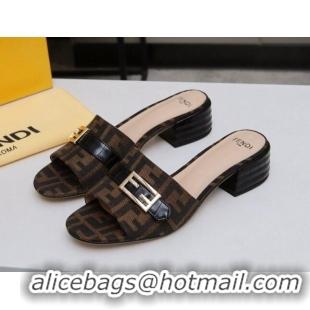 Best Luxury Fendi FF Canvas Slide Sandals 4cm 022173 Brown