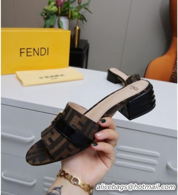 Best Luxury Fendi FF Canvas Slide Sandals 4cm 022173 Brown