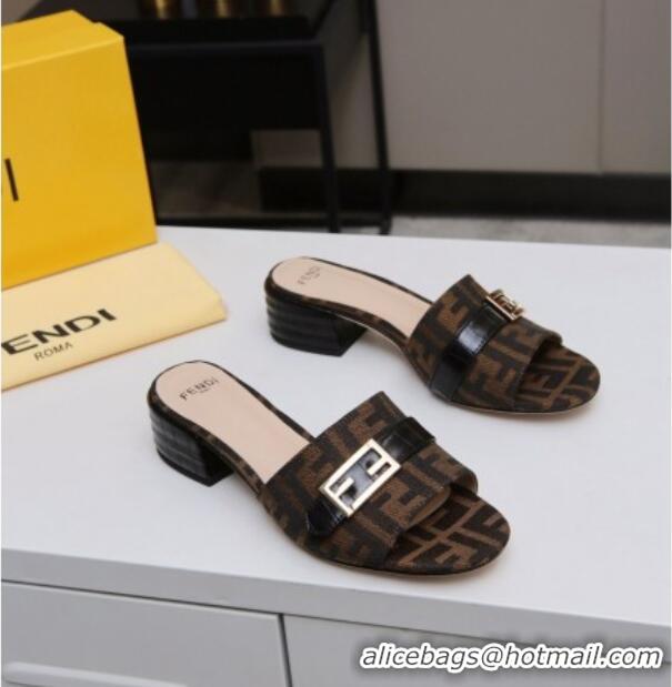 Best Luxury Fendi FF Canvas Slide Sandals 4cm 022173 Brown