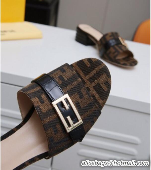 Best Luxury Fendi FF Canvas Slide Sandals 4cm 022173 Brown