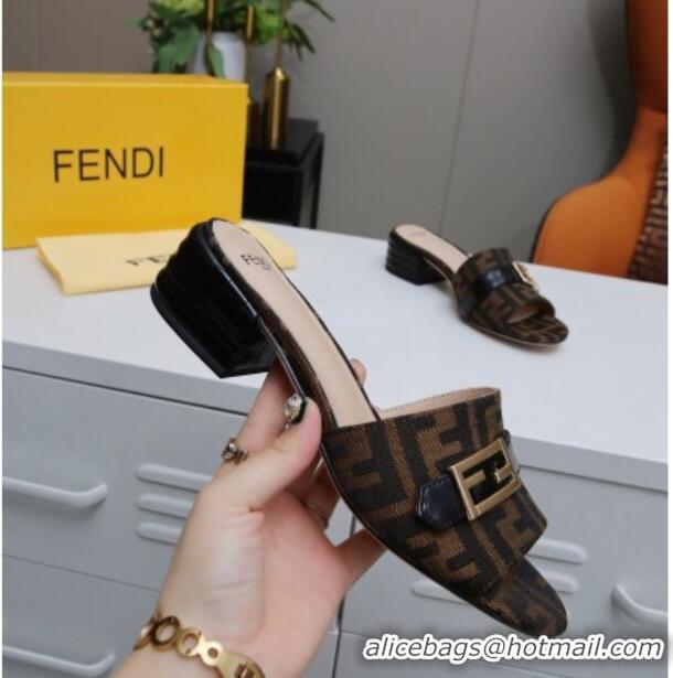 Best Luxury Fendi FF Canvas Slide Sandals 4cm 022173 Brown