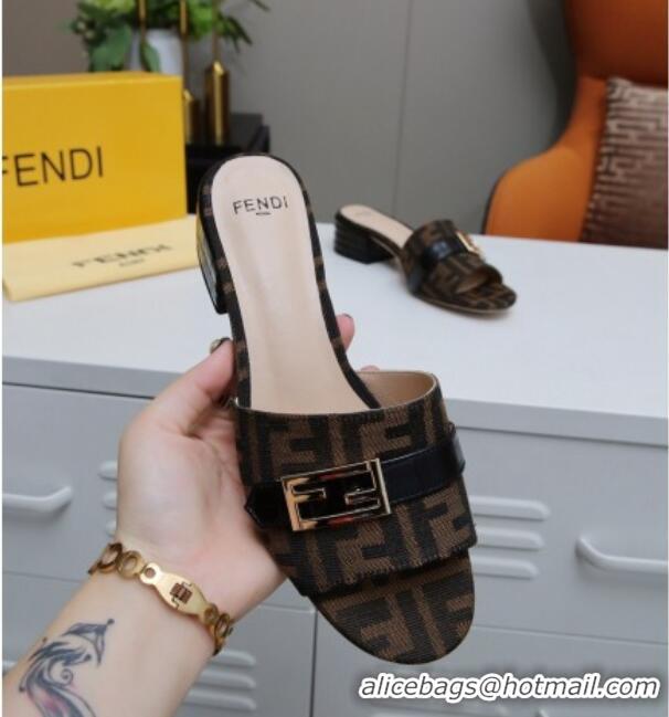 Best Luxury Fendi FF Canvas Slide Sandals 4cm 022173 Brown