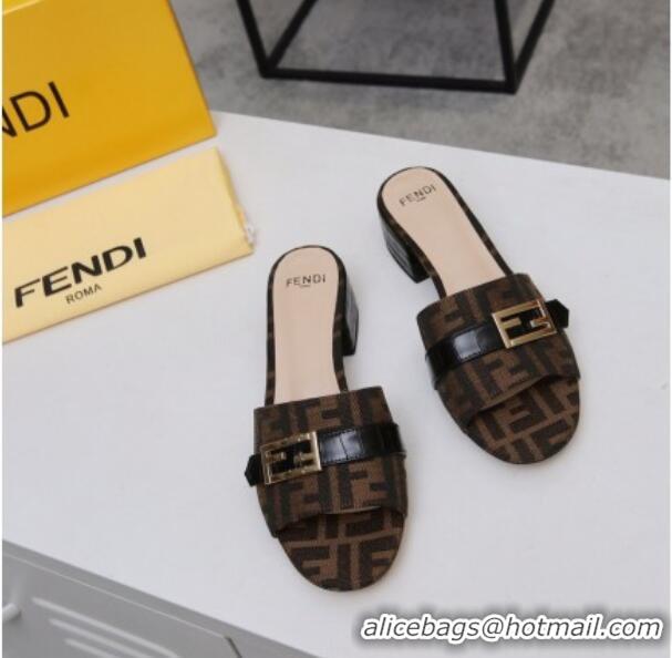 Best Luxury Fendi FF Canvas Slide Sandals 4cm 022173 Brown