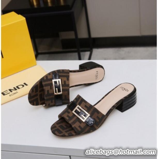 Best Luxury Fendi FF Canvas Slide Sandals 4cm 022173 Brown