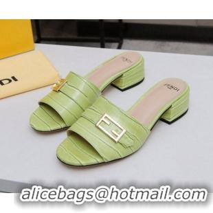 Classic Fendi Stone Embossed Leather Slide Sandals 4cm 022174 Green