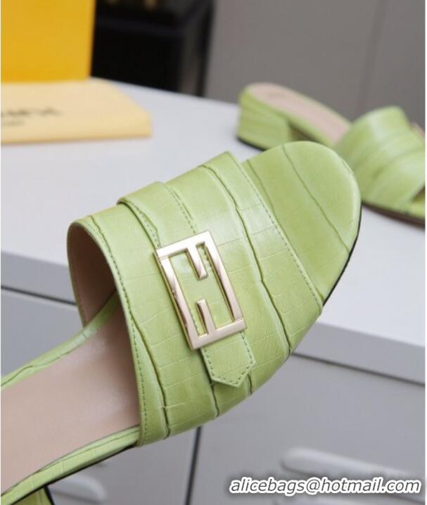 Classic Fendi Stone Embossed Leather Slide Sandals 4cm 022174 Green