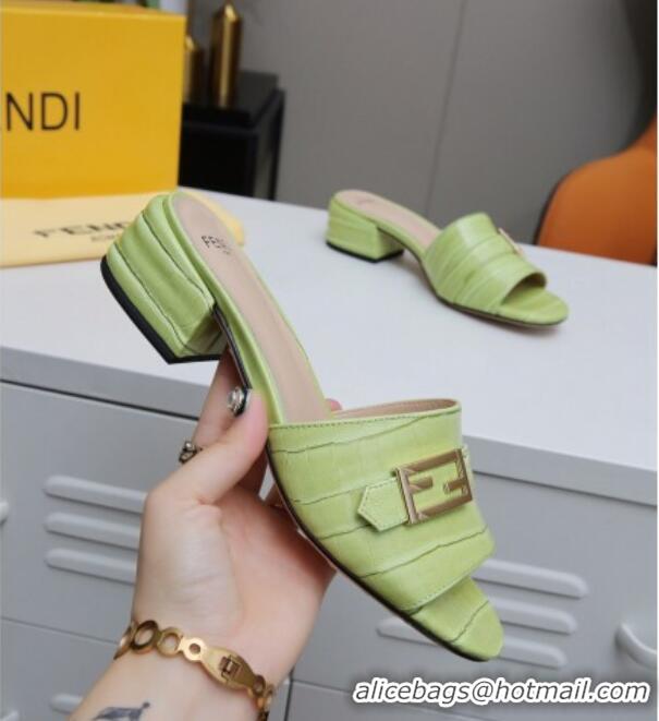 Classic Fendi Stone Embossed Leather Slide Sandals 4cm 022174 Green