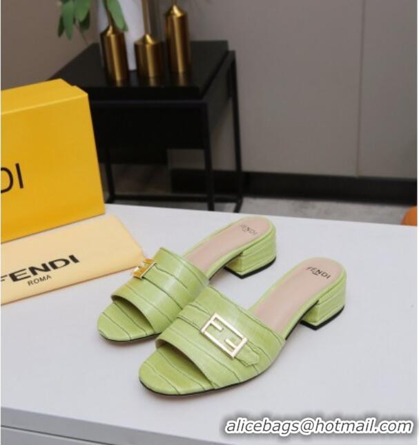 Classic Fendi Stone Embossed Leather Slide Sandals 4cm 022174 Green