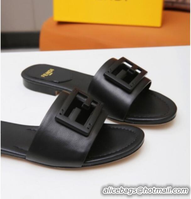 Funny Fendi Baguette Leather Slide Sandals Black