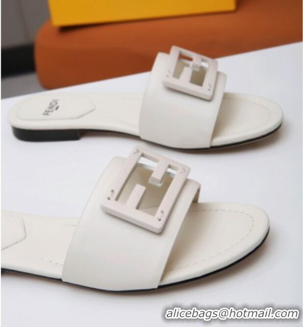 Top Quality Fendi Baguette Leather Slide Sandals White 022176