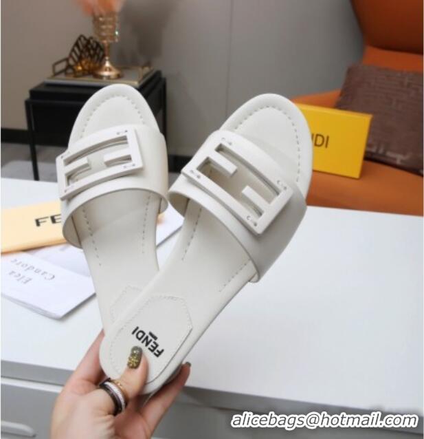 Top Quality Fendi Baguette Leather Slide Sandals White 022176