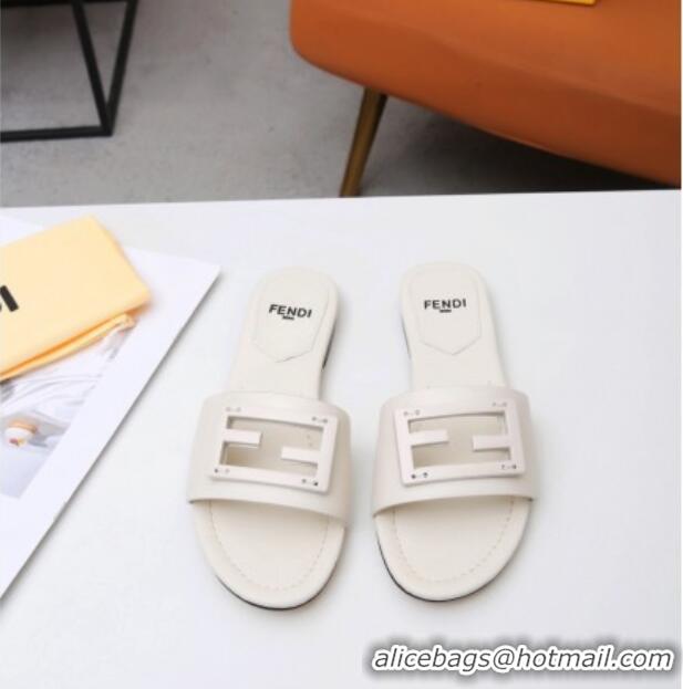 Top Quality Fendi Baguette Leather Slide Sandals White 022176