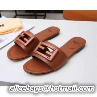 Super Quality Fendi Baguette Leather Slide Sandals Brown 022177