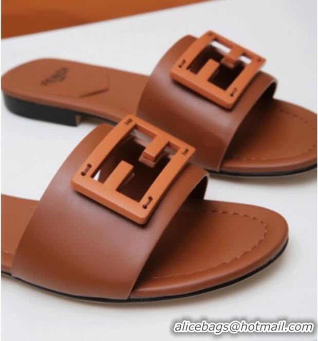 Super Quality Fendi Baguette Leather Slide Sandals Brown 022177