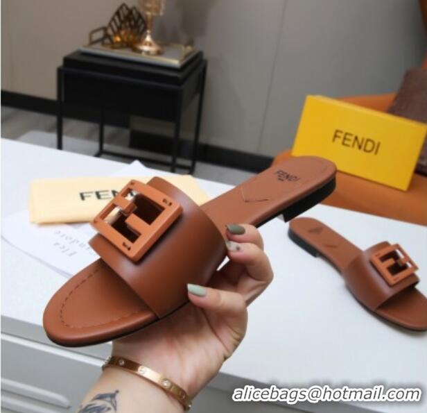 Super Quality Fendi Baguette Leather Slide Sandals Brown 022177