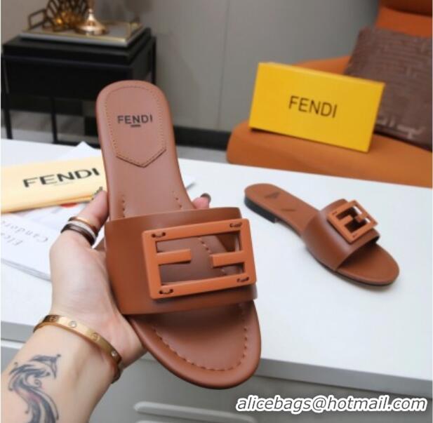 Super Quality Fendi Baguette Leather Slide Sandals Brown 022177