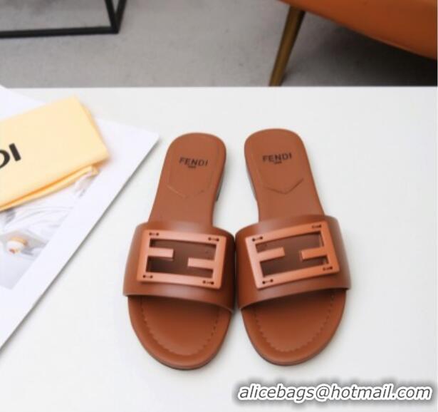 Super Quality Fendi Baguette Leather Slide Sandals Brown 022177