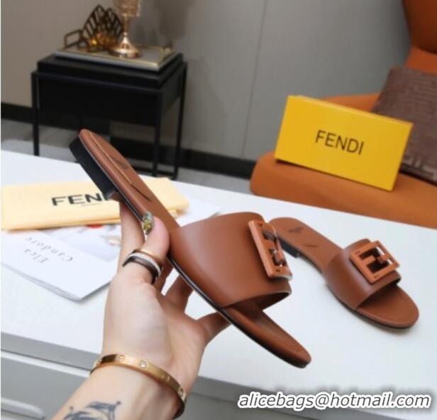 Super Quality Fendi Baguette Leather Slide Sandals Brown 022177