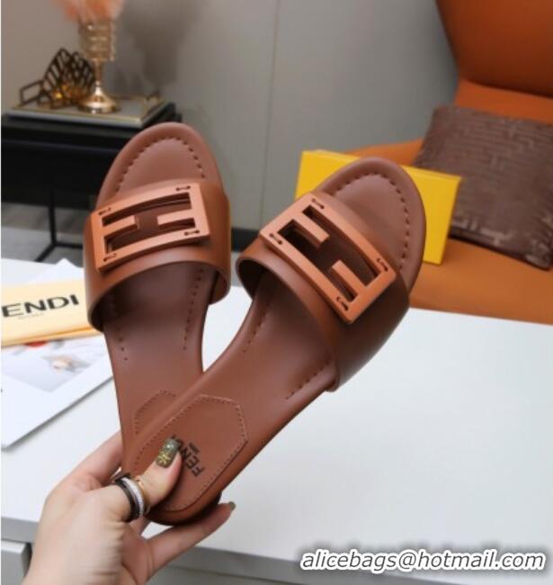 Super Quality Fendi Baguette Leather Slide Sandals Brown 022177