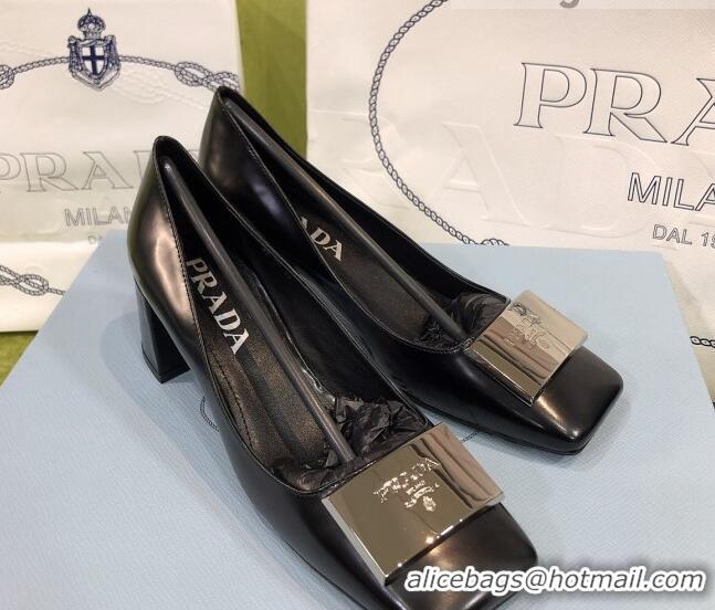 Top Quality Prada Brush Leather Pumps Black/Silver 112396