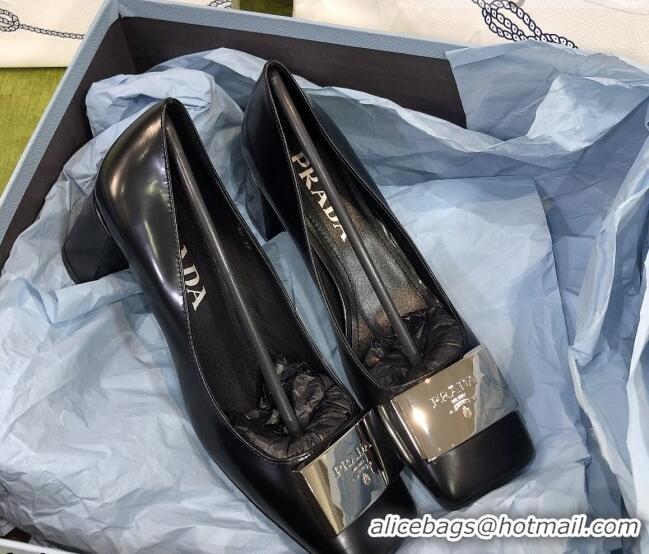 Top Quality Prada Brush Leather Pumps Black/Silver 112396