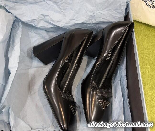 Cute Prada Brush Leather Pumps Black/Silver 112397