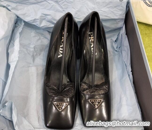 Cute Prada Brush Leather Pumps Black/Silver 112397