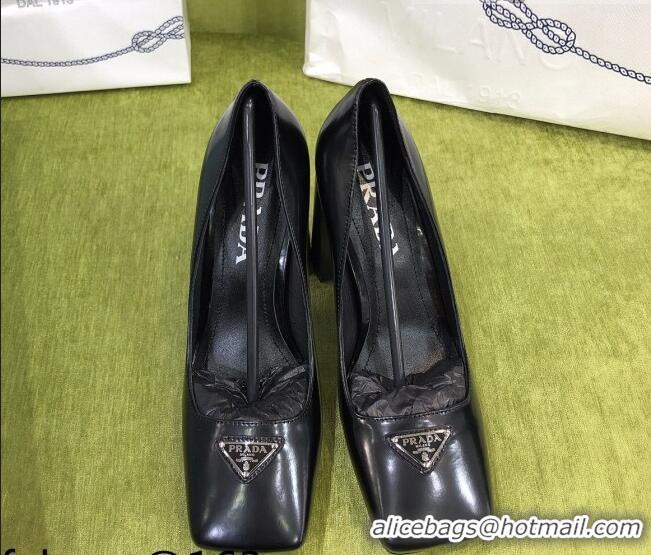 Cute Prada Brush Leather Pumps Black/Silver 112397