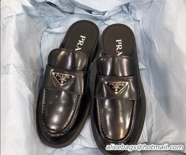 Popular Prada Chocolate Brush Leather Mules Black 112398