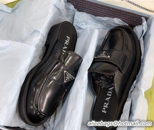 Popular Prada Chocolate Brush Leather Mules Black 112398