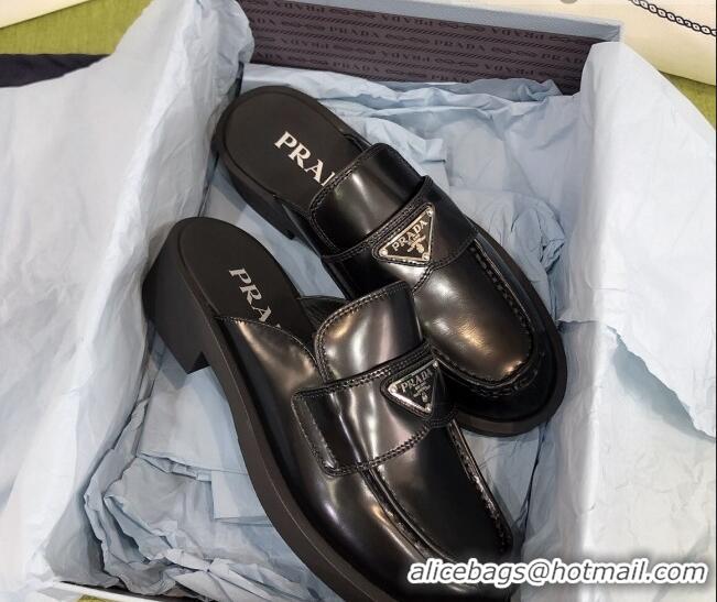 Popular Prada Chocolate Brush Leather Mules Black 112398