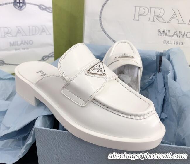 Best Quality Prada Chocolate Brush Leather Mules White 112399