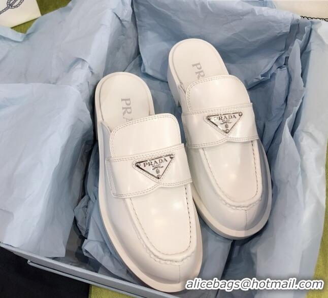 Best Quality Prada Chocolate Brush Leather Mules White 112399