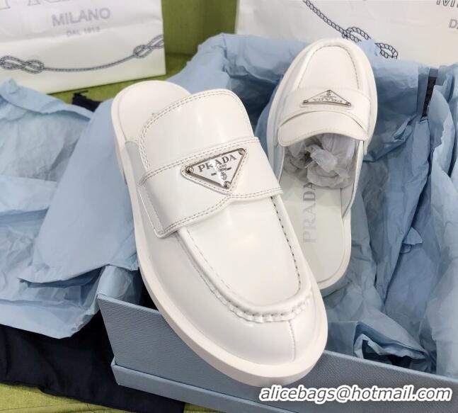 Best Quality Prada Chocolate Brush Leather Mules White 112399