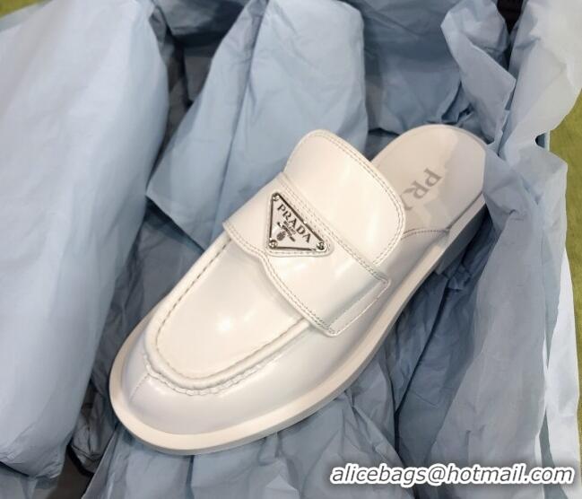 Best Quality Prada Chocolate Brush Leather Mules White 112399