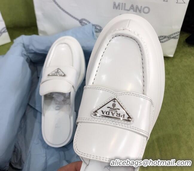 Best Quality Prada Chocolate Brush Leather Mules White 112399