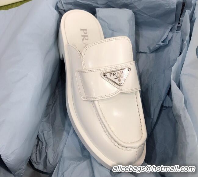 Best Quality Prada Chocolate Brush Leather Mules White 112399