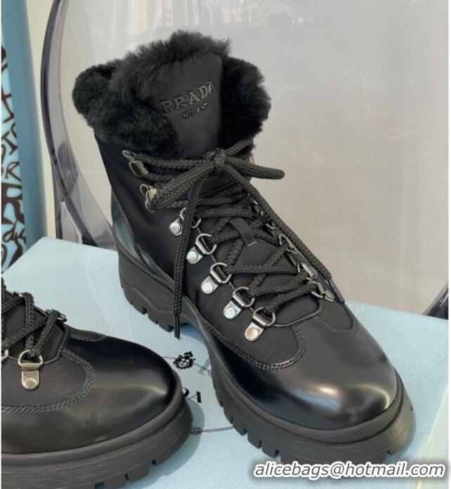 Good Quality Prada Brixxen Brush Leather and Nylon Lace-ups Boots Black 112407