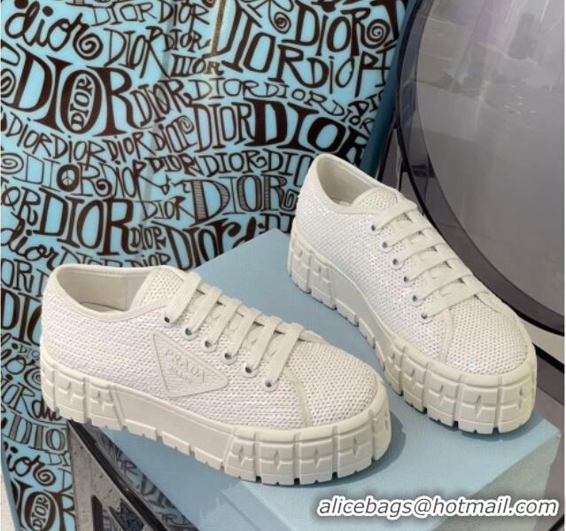 Classic Hot Prada Double Wheel Sequin Sneakers White 112409