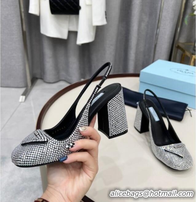 Grade Quality Prada Crystal Slingback Pumps 9cm 011364 Silver/Black