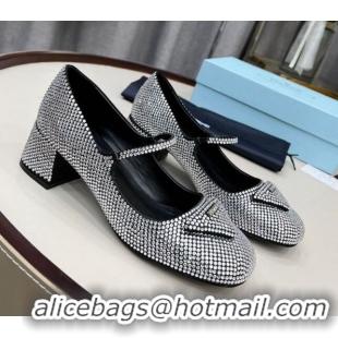 Best Grade Prada Crystal Slingback Mary Janes Pumps 5cm 011366 Silver/Black