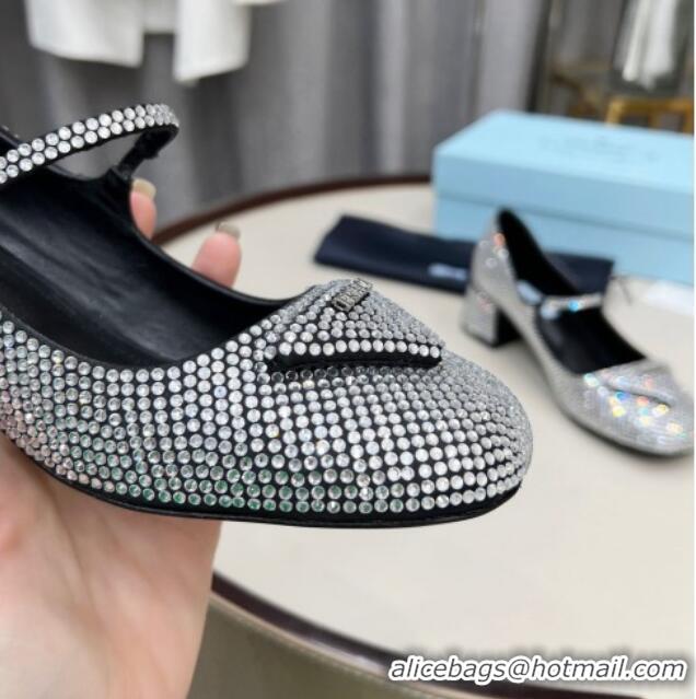 Best Grade Prada Crystal Slingback Mary Janes Pumps 5cm 011366 Silver/Black