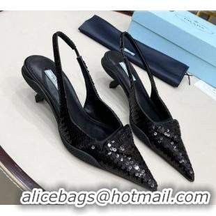 Lowest Price Prada Sequins Slingback Pumps 3cm 011369 Black