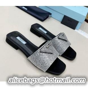 Most Popular Prada Crystal Flat Slide Sandals 011371 Silver/Black