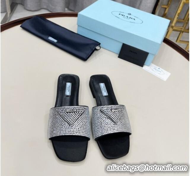 Most Popular Prada Crystal Flat Slide Sandals 011371 Silver/Black